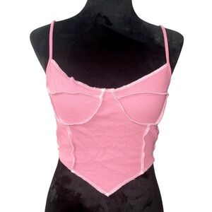 💗 Womens SZ Medium Pink Corset style Tank Top Ribbed Contrast Stitching 💗